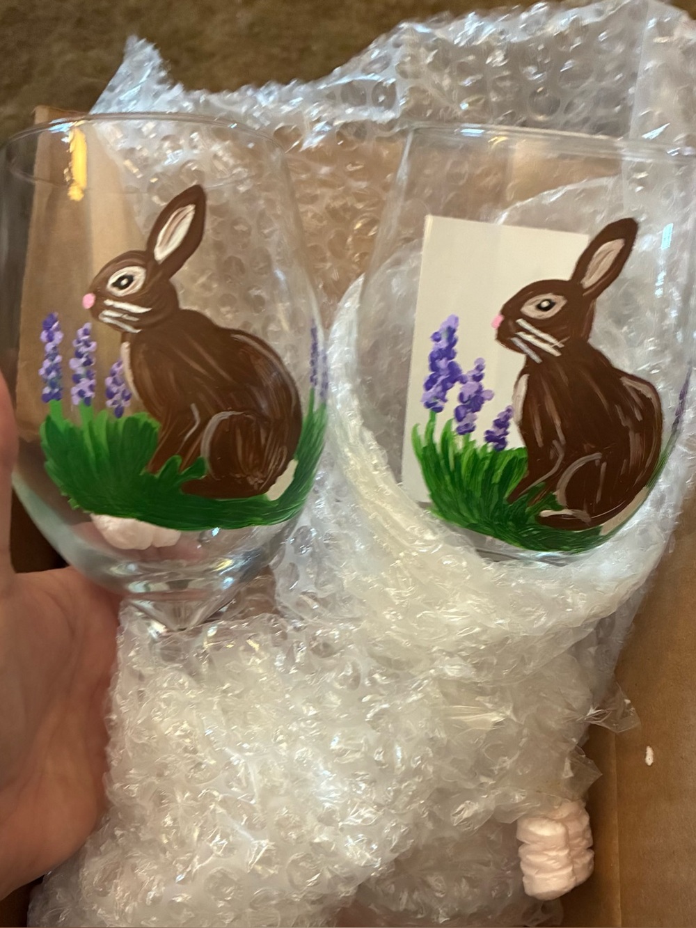 New inbox, set of two spring bunny, hand, painted wine, glasses, stemmed.